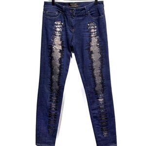 Roberto Cavalli Dark Blue Sequin Details Skinny Jeans